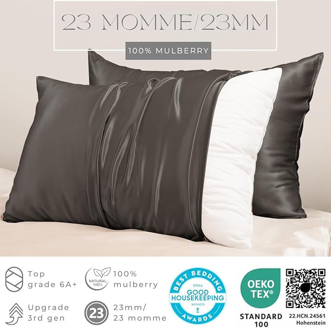 PROMEED Grey Silk Pillowcase Queen Size - Both Sides 23 Momme Grade 6A+Mulberry Silk Pillow Case Covers for Hair and Skin, Soft and Acne Free (Queen 20"x30", Grey)