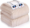 SEALY Electric Blanket Queen Size, Soft Ribbed Flannel to Sherpa Reversible Heated Blanket with Dual Control 10 Heat Settings & 1 to 12 Hours Auto-Off 84"x90" Machine Washable, Beige