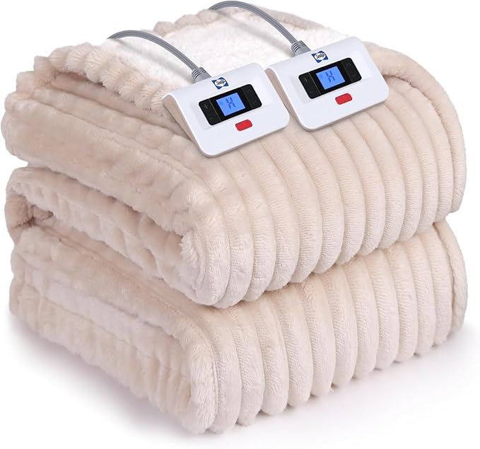 SEALY Electric Blanket Queen Size, Soft Ribbed Flannel to Sherpa Reversible Heated Blanket with Dual Control 10 Heat Settings & 1 to 12 Hours Auto-Off 84"x90" Machine Washable, Beige