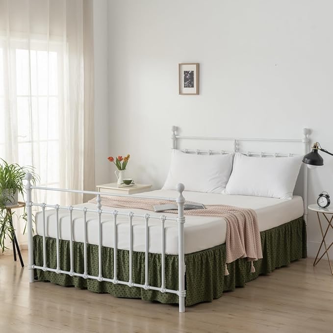 Tufted Dot Bed Skirt King Size Ruffled Bed Skirt with Split Corners, 18 Inch Drop Dust Ruffle Bed Skirts with Platform, Olive Green