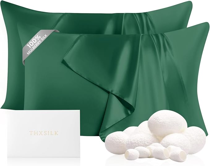 THXSILK Set of 2 100% Pure Mulberry Silk Pillowcases for Hair and Skin, 6A+ Grade 22 Momme Silk Pillow Case Queen Size 20"x30", Real Silk Pillowcases with Zipper (Emerald Green)