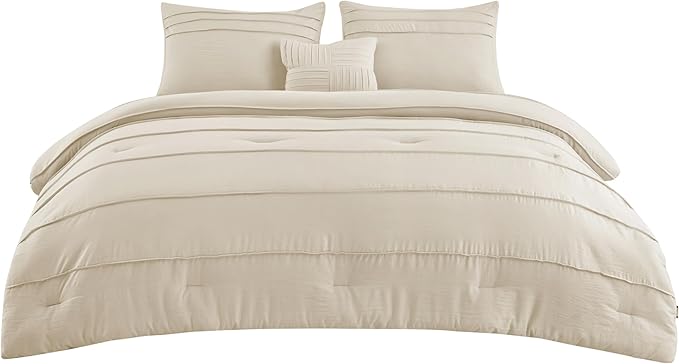 Bedsure California King Comforter Set - 4 Pieces Pinch Pleat Bed Set, Linen Boho Bedding for All Season, 1 Soft Comforter, 2 Pillowcases, 1 Decorative Pillow
