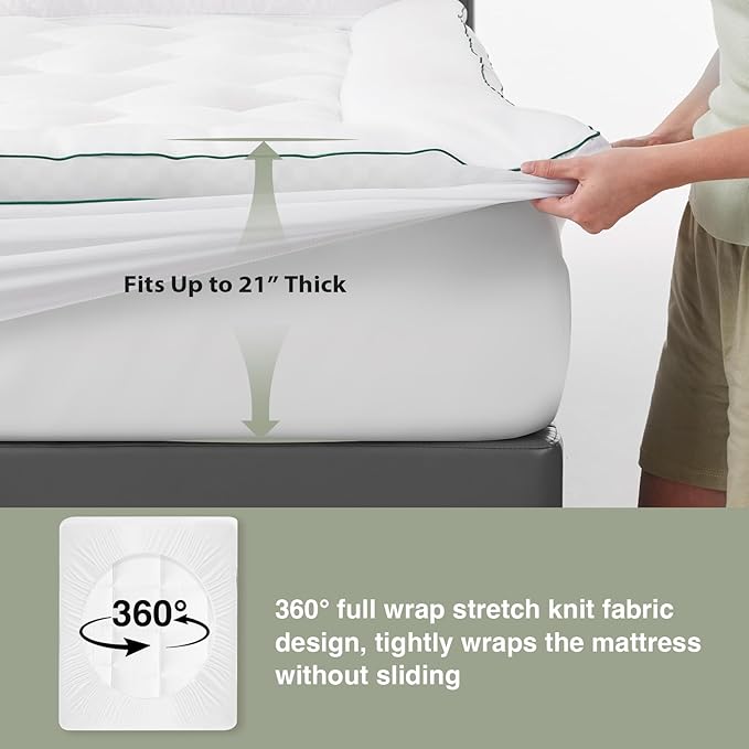 Novilla Twin XL Mattress Topper, Extra Thick Pillow Top Mattress Pad with Down Alternative, Breathable Mattress Cover with for 8-21", Machine Washable Fitted Mattress Protector – Green-White