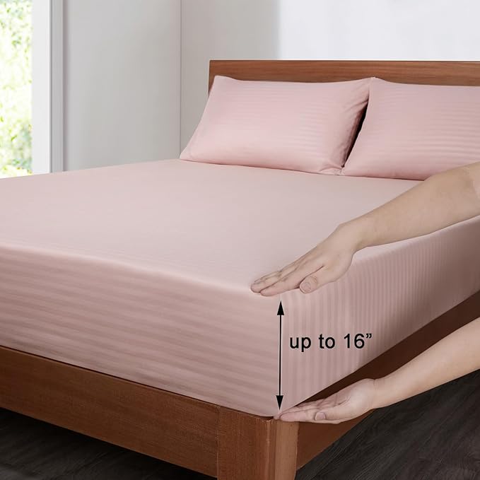 Mejoroom Striped Queen Size Sheet Set - Hotel Luxury 1800 Bedding Sheets & Pillowcases - Deep Pocket Fitted Sheet, Soft, Breathable, Wrinkle & Fade Resistant - 4 Piece (02-Dusty Pink)