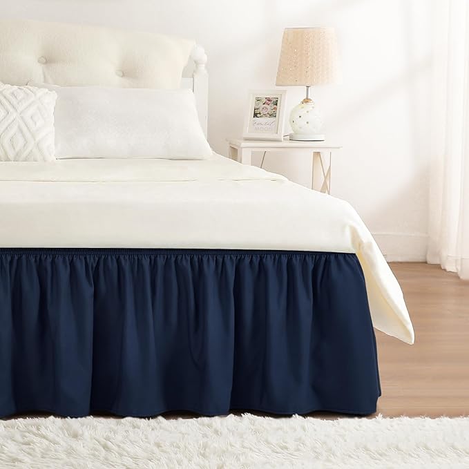 RIMELA Navy Blue Bed Skirt King Size 15 Inch Drop, Elastic Bed Skirting for Bed Base and Frame, Bedding Dust Ruffle Easy to Install, Lightweight Wrap Around Adjustable Bedskirt