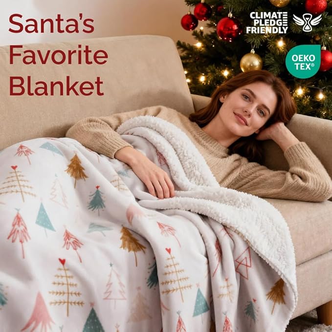 Christmas Sherpa Blanket Throw Size - Reversible Sherpa Fleece Blanket - Super Soft Double Sided Throw for Bed, Sofa, Couch - Thick, Cozy & Plush - Xmas Winter Bedding - Christmas Trees, Pink, 50x60
