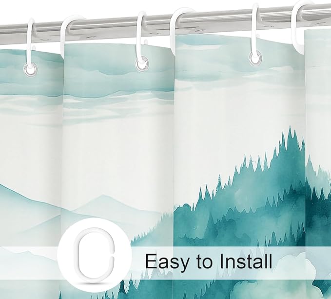 Teal Blue Long Misty Pine Forest Shower Curtain 72 x 78, Mountain Foggy Woodland Scenery Tree 78 Inch Long Shower Curtains for Bathroom, Turquoise Abstract Waterproof Nature-Themed Decor