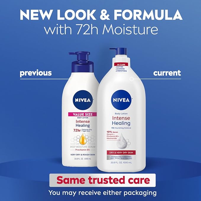 NIVEA Intense Healing Body Lotion for Very Dry, Itchy Skin with Glycerin, Provitamin B5 and Niacinamide, 72-Hour Body Moisturizer, 33.8 Fl Oz Value Size Pump Bottle