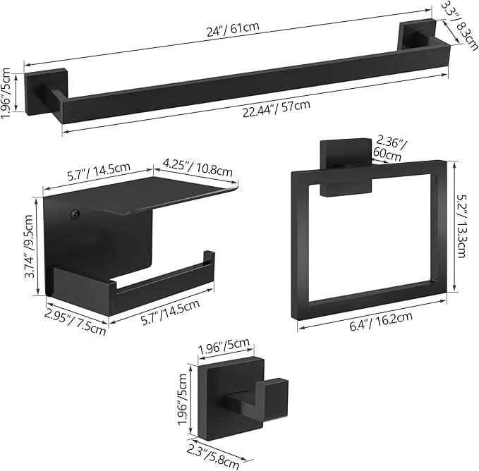 20-Pieces Matte Black Bathroom Hardware Set, 24 Inch Bath Towel Bar Set, Stainless Steel Towel Racks for Bathroom Wall Mounted