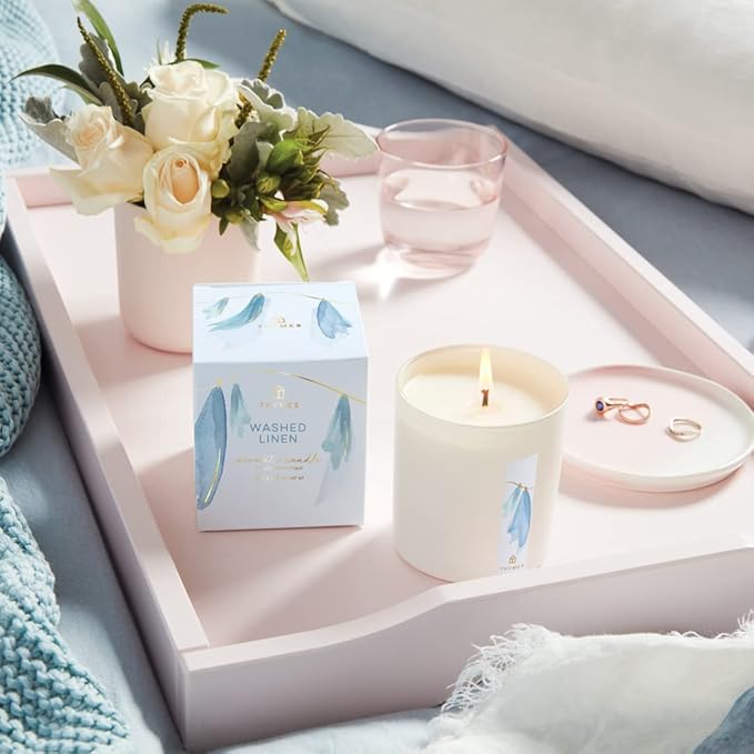 Thymes Washed Linen Candle - 8 oz Scented Candle for a Fresh Home Fragrance - Matte White Jar