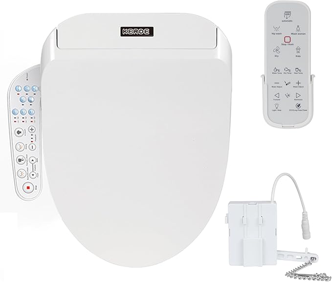 KERDE P30A Electric Bidet Toilet Seat with Auto Flush & Dual-Control (Remote+Panel) – Heated Seat, Warm Water Wash, Self-Cleaning Nozzle, Universal Fit for Elongated Toilets (Remote+Armrest)