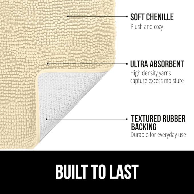 GORILLA GRIP Bath Rug Mat 30x20, Thick Soft Absorbent Chenille, Quick Dry Microfiber Mats, Rubber Backing Washable Shower Floor Rugs, Bathmat Runner, US Designed Bathroom Home Decor Accessories Sand