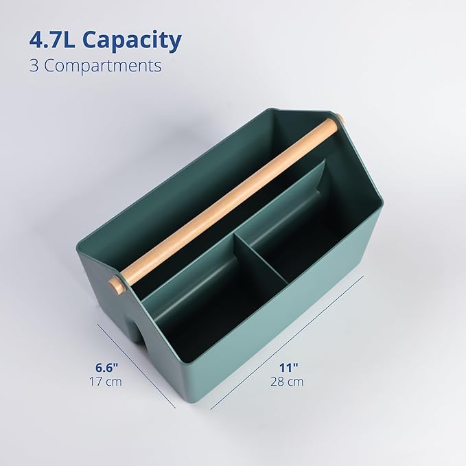 BLUE GINKGO Medium Storage Basket – Plastic Caddy with Wooden Handle for Office, Arts & Crafts, or Home Supplies (Green)