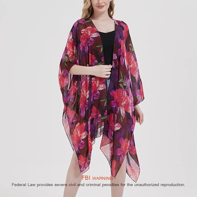 Women's Bohemian Floral Chiffon Beach Cover up Swimsuit Kimono Summer Swimwear Cardigans
