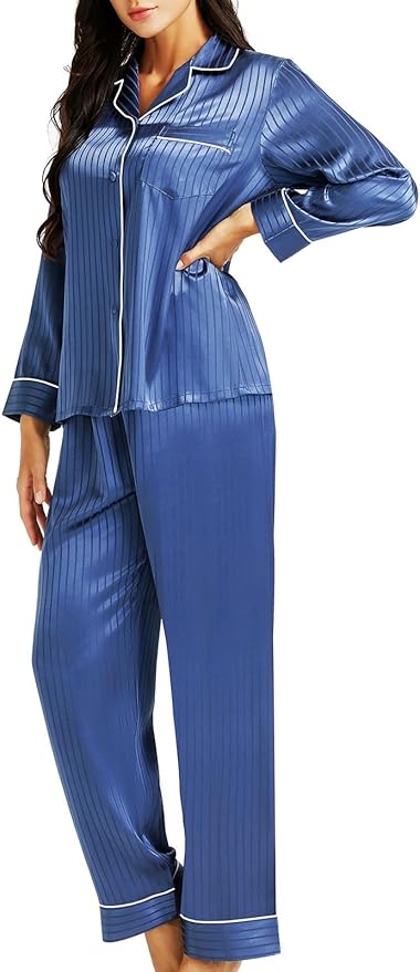 Lonxu Silk Satin Womens Pajama Sets Button Down Sleepwear Loungewear XS~3XL