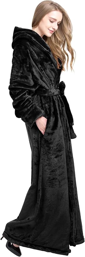 Women's Plush Robe Extra Long Robe with Pockets Thicken Soft Warm Bathrobe
