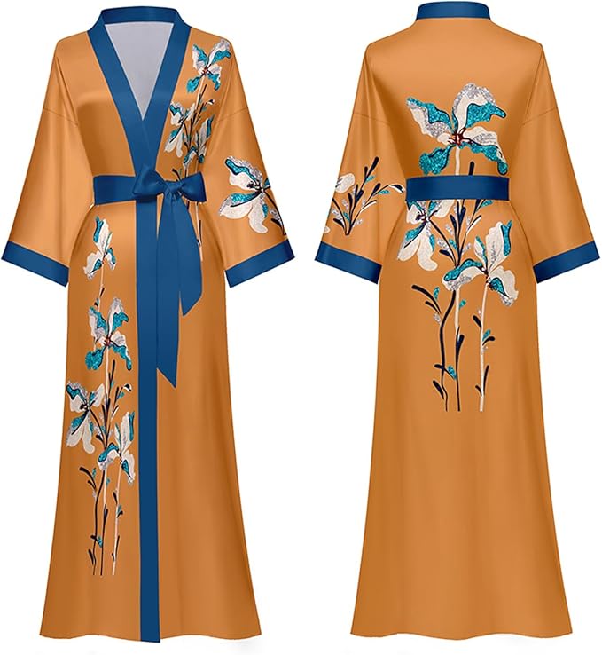Silk Satin Robe for Women Long Japanese Kimono Robe Lightweight Soft Bathrobe Floral Luxury Dressing Gown