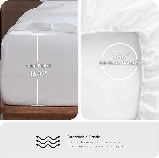 MooMee Bedding Sheet Set 100% Washed Cotton Linen Like Textured Breathable Durable Soft Comfy (Solid Bright White, King)