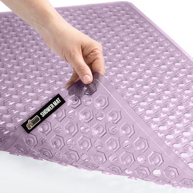 GORILLA GRIP Patented Bath Tub Shower Mat, Machine Washable Bathtub Floor Liner Mats, Suction Cups and Drain Holes to Keep Tubs Clean, Soft on Feet, Bathroom Essentials, 35x16 Inch, Clear Purple