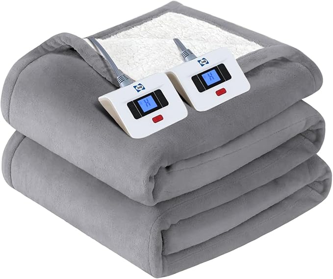 SEALY Electric Blanket Queen Size, Flannel & Sherpa Heated Blanket with 10 Heat Setting & 1-12 Hour Auto Shut Off, Fast Heating Blanket, Machine Washable, Light Grey, 84 x 90 Inch