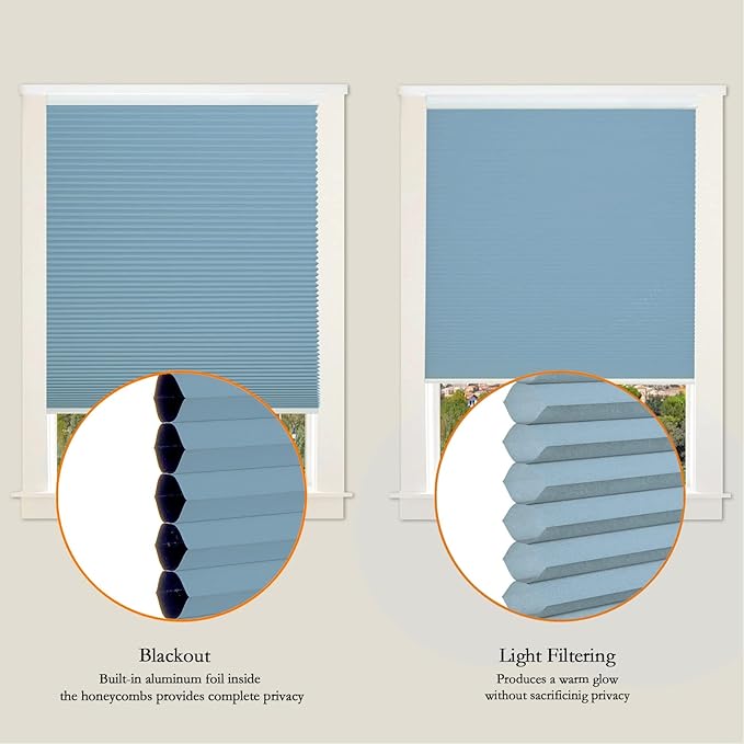Persilux Light Filtering Cellular Window Shades Cordless Shades Bottom up UV Protection Room Darkening Honeycomb Blinds for Windows, Home and French Doors, Blue, 15" W x 60" H