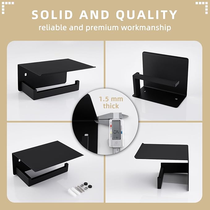 Angle Simple Toilet Paper Holder with Shelf Matte Black, 304 Stainless Steel Lavatory Tissue Roll Holder for Wall