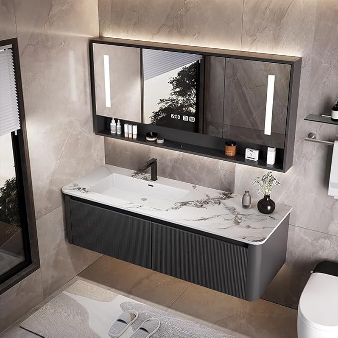 Bathroom Vanity Cabinet, 40" Bathroom Vanity with Sink & Intelligent Defog LED Mirror, Solid Wood Float Vanities, Wall-Mount Bathroom Cabinet with Drawer, Undermount Single Sink, Faucet, Drain(Black)