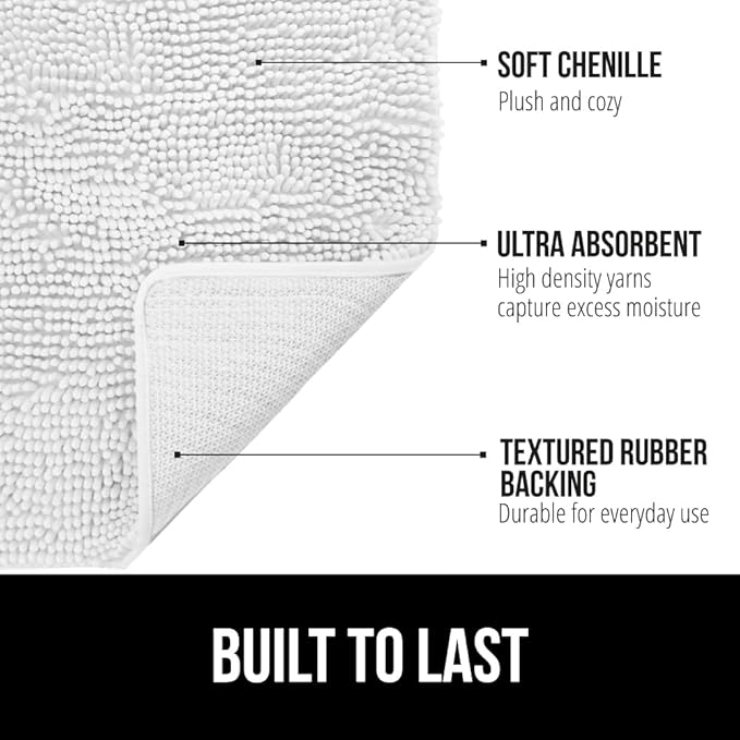 GORILLA GRIP Plush Absorbent Shaggy Chenille Bath Rug Mat for Square Toilet Base with Rubber Backing, Machine Washable Rugs, Soft Microfiber Contour Mats for Toilets, Bathroom Decor, White