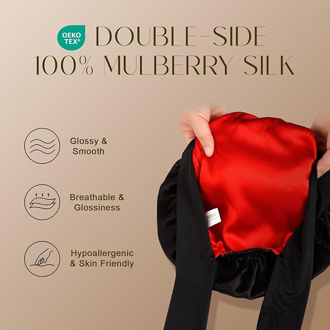 ZIMASILK 100% Mulberry Silk Bonnet for Sleeping Women Long Hair Double Layer Silk Hair Wrap with Tie Band Stay On Head (1Pc, Black)
