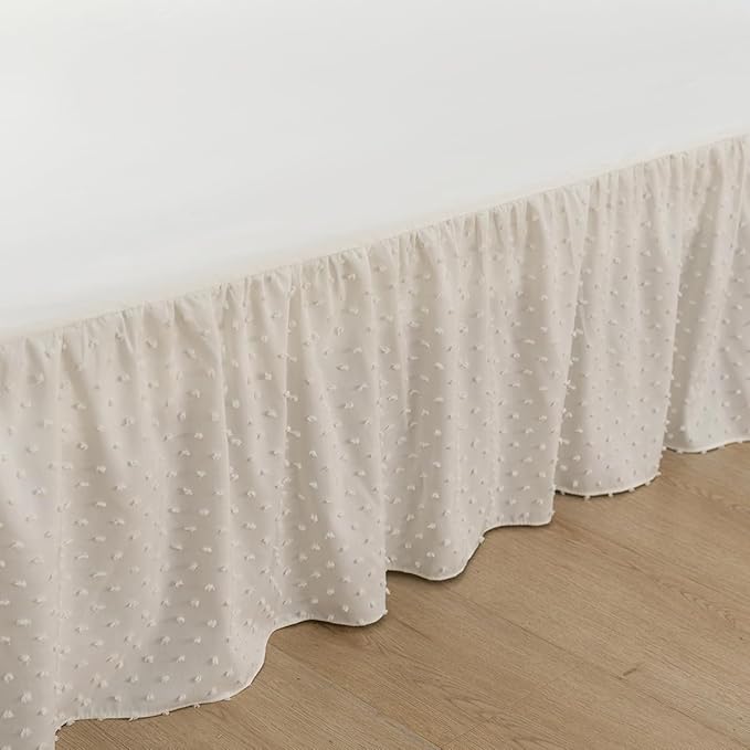 Tufted Dot Bed Skirt King Size Ruffled Bed Skirt with Split Corners, 16 Inch Drop Dust Ruffle Bed Skirts with Platform, Ivory