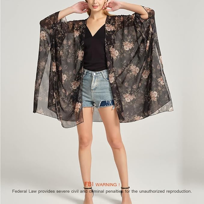 Women's Bohemian Floral Chiffon Beach Cover up Swimsuit Kimono Summer Swimwear Cardigans