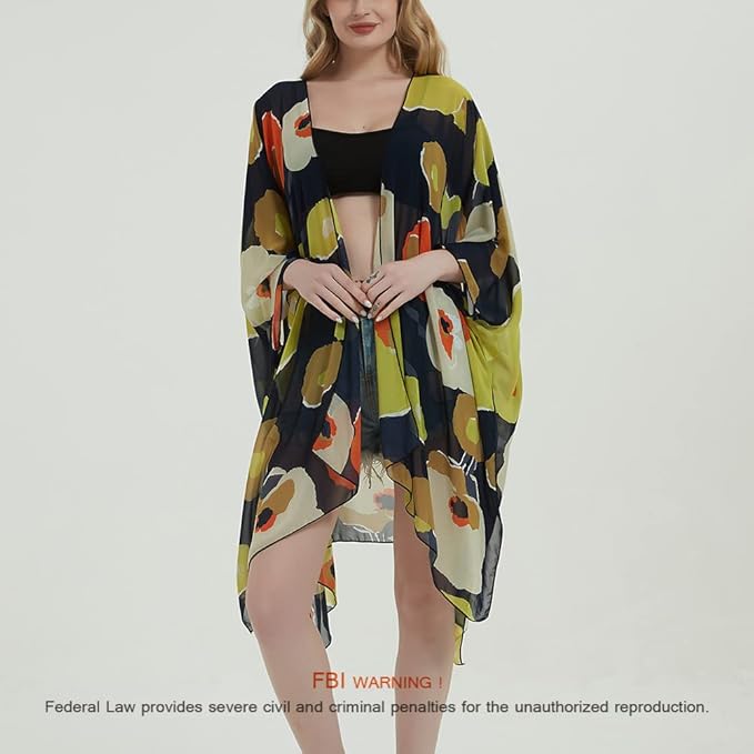 Women's Bohemian Floral Chiffon Beach Cover up Swimsuit Kimono Summer Swimwear Cardigans