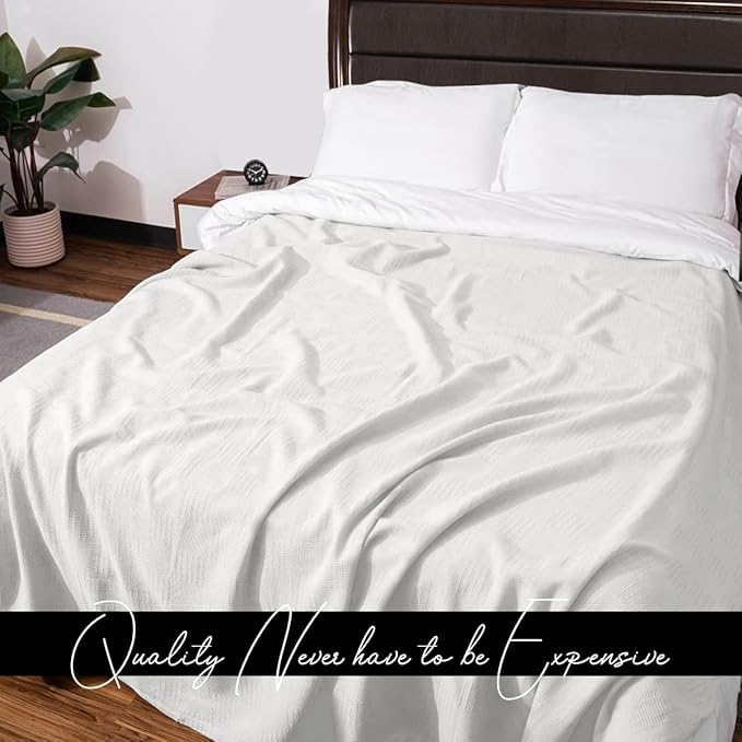 Avalon Bedding 100% Cotton Blankets King Size Thermal Blanket (108"x90") - Perfect Cotton Blanket King Size for Layering Bed in Any Season - Cotton Blankets for Bed (White)