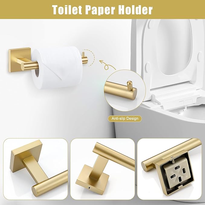 TNOMS Gold Towel Bar Set 5-Piece Brushed Gold Bathroom Hardware Accessories Set Include 23.6in Towel Bar Toilet Paper Holder Towel Ring Towel Hooks,Stainless Steel Towel Holder Set Wall-Mounted