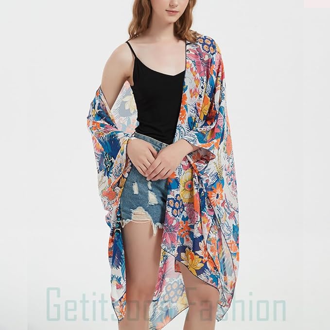 Women's Bohemian Floral Chiffon Beach Cover up Swimsuit Kimono Summer Swimwear Cardigans