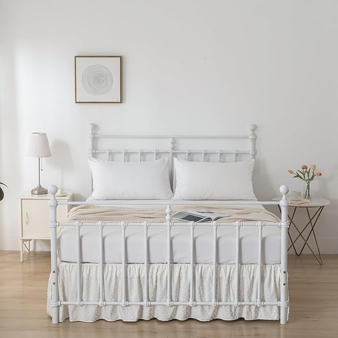 Tufted Dot Bed Skirt Twin Size Ruffled Bed Skirt with Split Corners, 16 Inch Drop Dust Ruffle Bed Skirts with Platform, Ivory