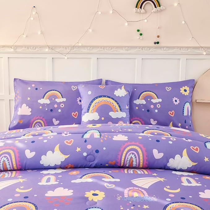 ANGIYUIN 6 Pieces Purple Twin Bedding Set Rainbow Bedding Set for Girls Love Hearts and Moon Design Kids Bed Set Soft Girl Bed in A Bag with Sheets, Purple, Twin