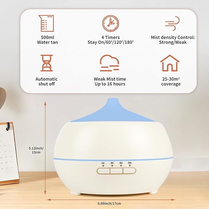HAPPTWS 500ML Essential Oil Diffuser - BPA Free Ultrasonic Aromatherapy Diffuser, with 7-Color Lights - Waterless Auto Shut Off - Milky white