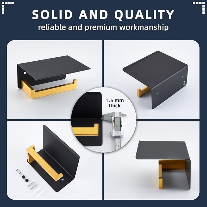 Angle Simple Toilet Paper Holder with Shelf, 304 Stainless Steel Bathroom Tissue Roll Holder for Wall Black and Gold