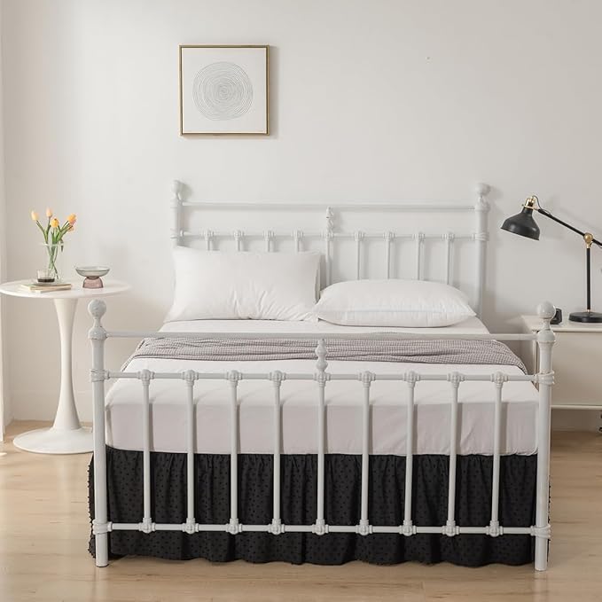 Tufted Dot Bed Skirt Queen Size Ruffled Bed Skirt with Split Corners, 14 Inch Drop Dust Ruffle Bed Skirts with Platform, Black