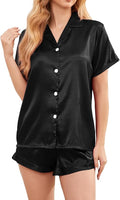 Women's Comfy Satin Pajamas - Soft Button-Up Shirt & Ruffled Adjustable Drawstring Shorts - Elegant Sliky Pjs
