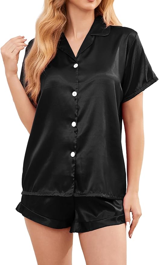 Women's Comfy Satin Pajamas - Soft Button-Up Shirt & Ruffled Adjustable Drawstring Shorts - Elegant Sliky Pjs