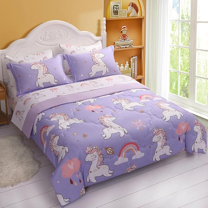 Wajade Kids Purple Unicorn Comforter Set Bed in A Bag Full Size 7 Piece Cute Unicorn Rainbow Clouds Bedding Set for Girls (1 Comforter, 1 Flat Sheet, 1 Fitted Sheet, 2 Pillowcase and 2 Pillow Sham)