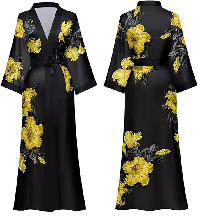Silk Satin Robe for Women Long Japanese Kimono Robe Lightweight Soft Bathrobe Floral Luxury Dressing Gown