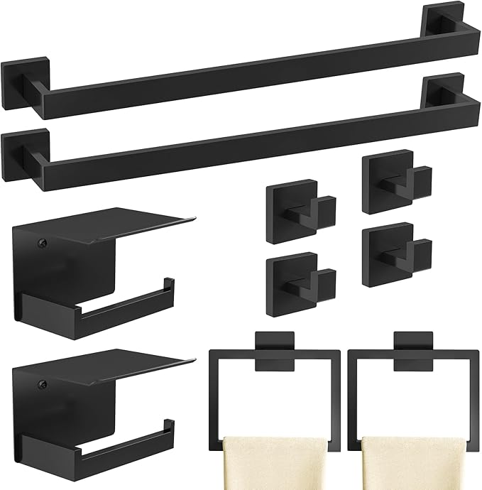 10-Piece Matte Black Bathroom Hardware Accessories Set, 24 inch Towel Bar, Stainless Steel Towel Racks for Bathroom, Bath Towel Bar Set Wall Mounted
