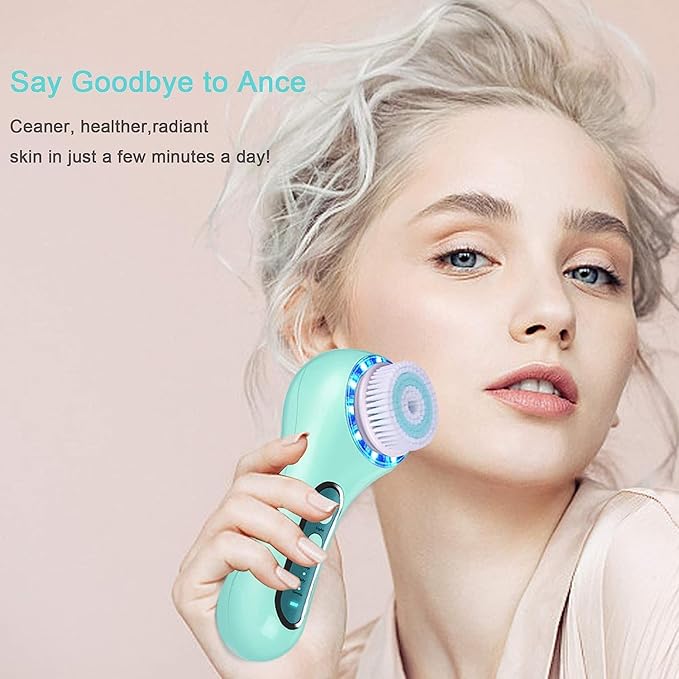 Face Scrubber Exfoliator,Facial Cleansing Brush Rechargeable IPX7 Waterproof with 5 Brush Heads,Electric Face Spin Brush for Exfoliating, Massaging and Deep Cleansing (Mint-Green)