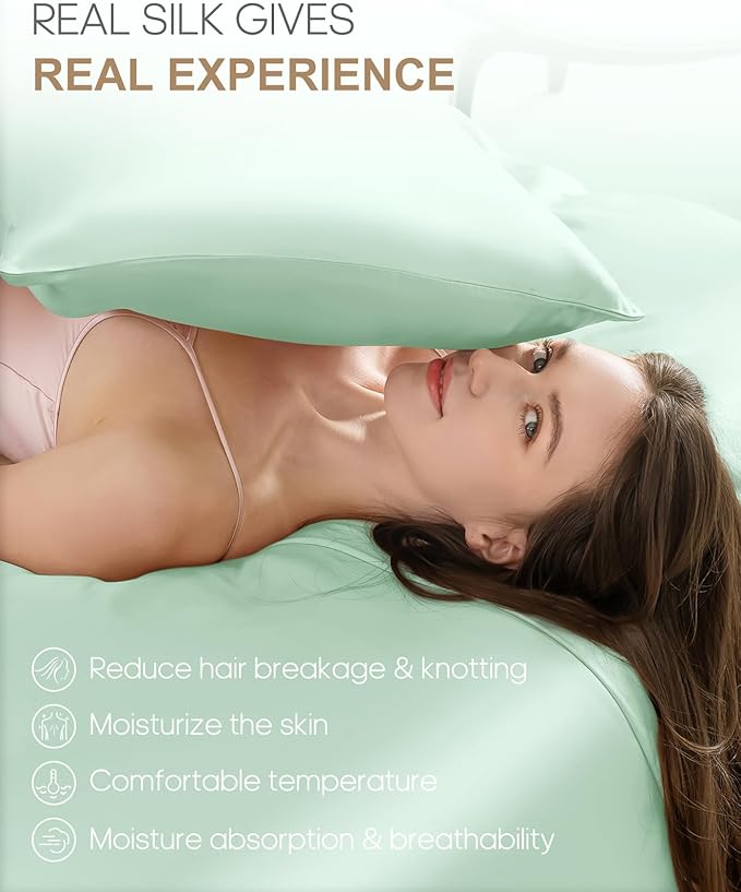 THXSILK Silk Pillowcase for Hair and Skin, 100% Mulberry Silk Bed Pillowcase 22 Momme, Hypoallergenic Soft Breathable Silk Pillow Case with Hidden Zipper, King 20"x36", Turquoise Green