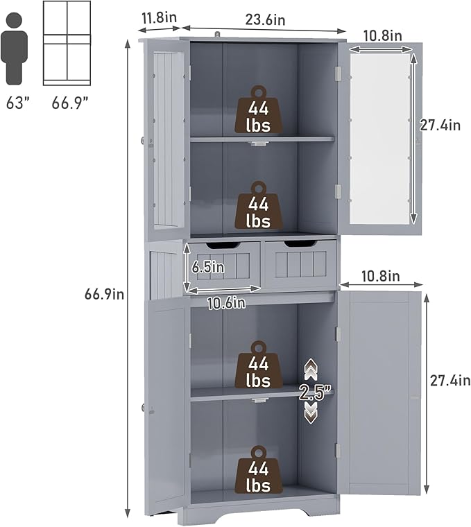 TOLEAD 67" Tall White Bathroom Cabinet Storage Cabinet, Freestanding Storage Cabinet with Glass Door and Adjustable Shelves, Bathroom Cabinet for Living Room, Kitchen, Dining, (Grey)