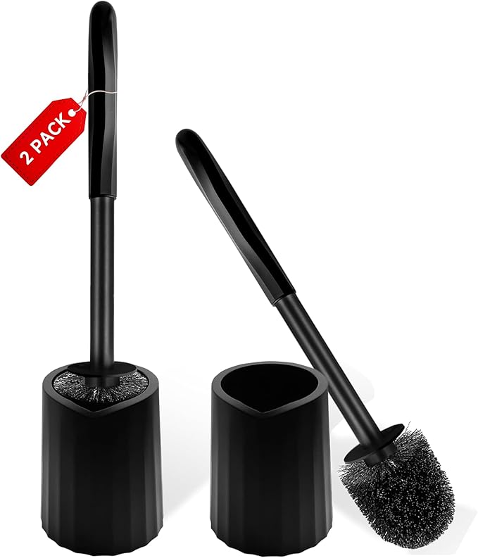 Toilet Brush and Holder Set, 2 Pack Toilet Bowl Brush with Long Non-Slip Handle, Deep Toilet Cleaner Brush, Toilet Scrubber, Black