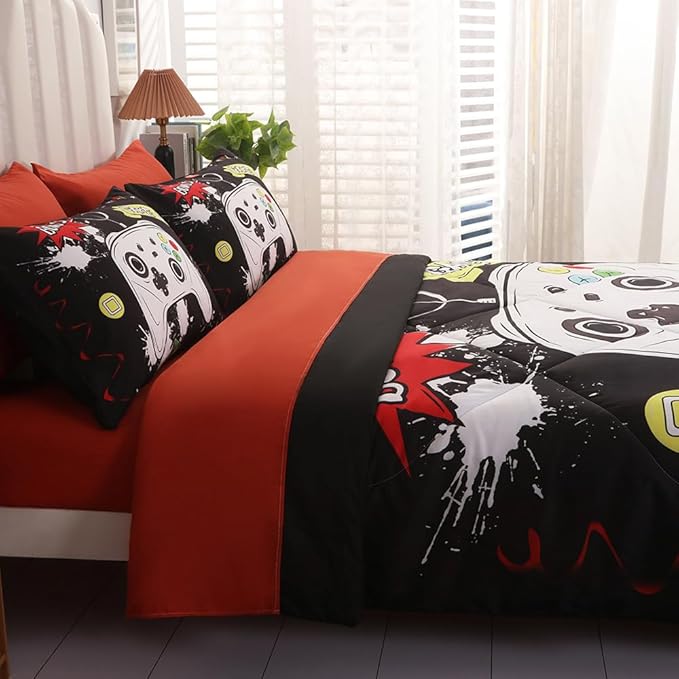 Wajade Kids Game Comforter Set Bed in A Bag Full Size 7 Piece 3D Colorful Video Game Controller Bedding Set for Boys Girls (1 Comforter, 1 Flat Sheet, 1 Fitted Sheet, 2 Pillowcase and 2 Pillow Sham)